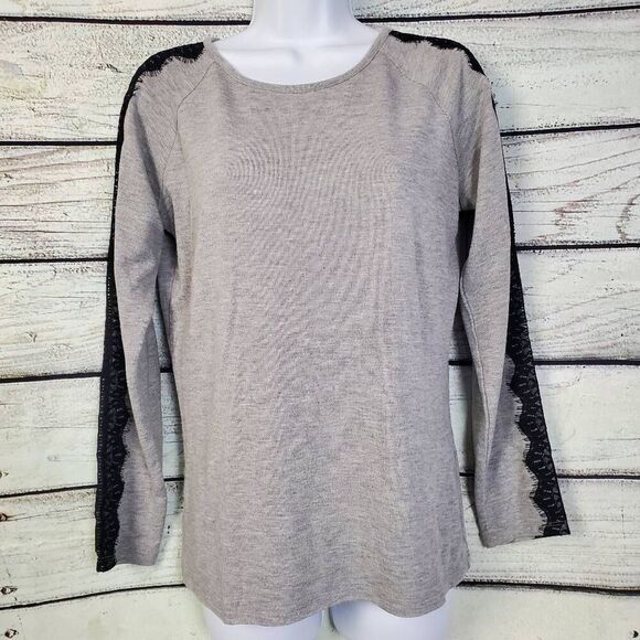 Ivanka Trump Women’s Grey Long Sleeve Top Black Lace Trim Size Small - Picture 1 of 8